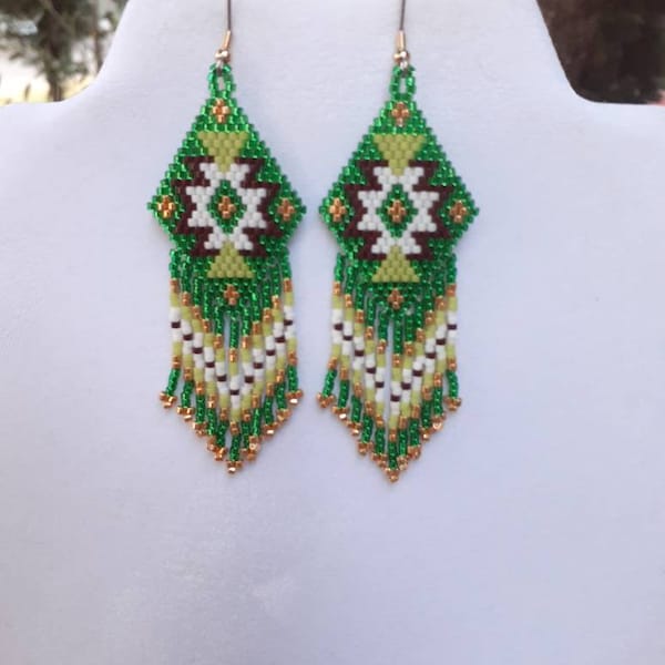 Beaded Fringe Earrings: Native American Style, Emerald Green Boho Jewelry
