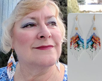 Native American Style Beaded Mountain Sunrise Earring Turquoise Southwestern, Boho, Gypsy, Loom, Brick Stitch, Great Gift Ready to Ship