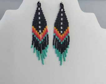 Beaded Black Feather Earrings, Southwestern Seed Beads, Bohemian Style Ready