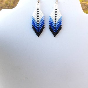 Native American Style Beaded Blue and White Small Feather Earring Southwestern, Bohemian, Hippie, Brick Gypsy, Great Gift ready to ship image 3