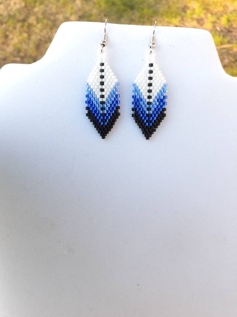 Native American Style Beaded Blue and White Small Feather Earring Southwestern, Bohemian, Hippie, Brick Gypsy, Great Gift ready to ship image 3