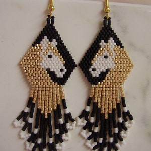 Native American Style Beaded Gold and White Horse Earrings Beautiful Southwestern, Boho, Gypsy, Brick Stitch, Peyote, Loom Great Gift image 3