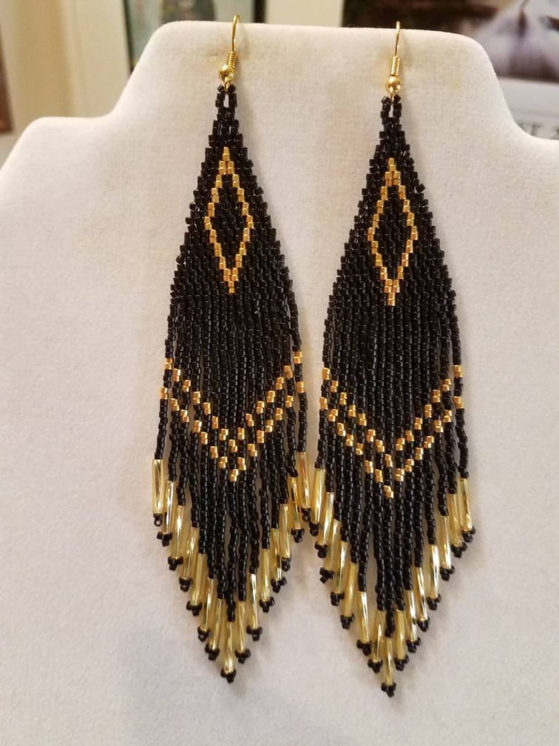 Great Gift Hippie Long Peyote Brick Stitch Native American Style Beaded Black and Gold Earrings Shoulder Duster Boho Southwestern