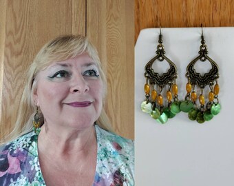 Green & Yellow dangle seashell Earrings Nautical, Beach, bridesmaid, flower girl, bride, light weight gypsy Great Gift Ready to Ship