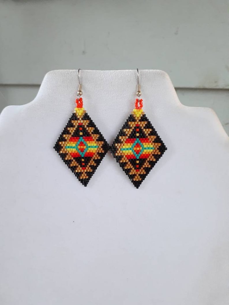 Gypsy Rug Tribal Ready to Ship Native American Style Beaded Gold /& Turquoise Blanket Earrings No Fring Southwestern Brick Stitch Peyote