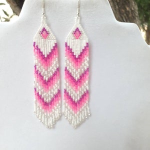 Native American Style Beaded Pink and White Earrings Shoulder Dusters Southwestern, Boho, Gypsy, Brick Stitch, Peyote, Great Gift image 9