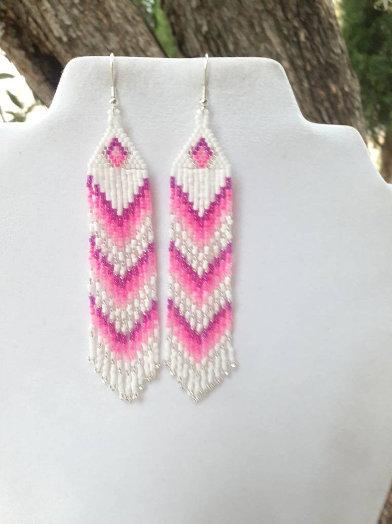 Native American Style Beaded Pink and White Earrings Shoulder Dusters Southwestern, Boho, Gypsy, Brick Stitch, Peyote, Great Gift image 9