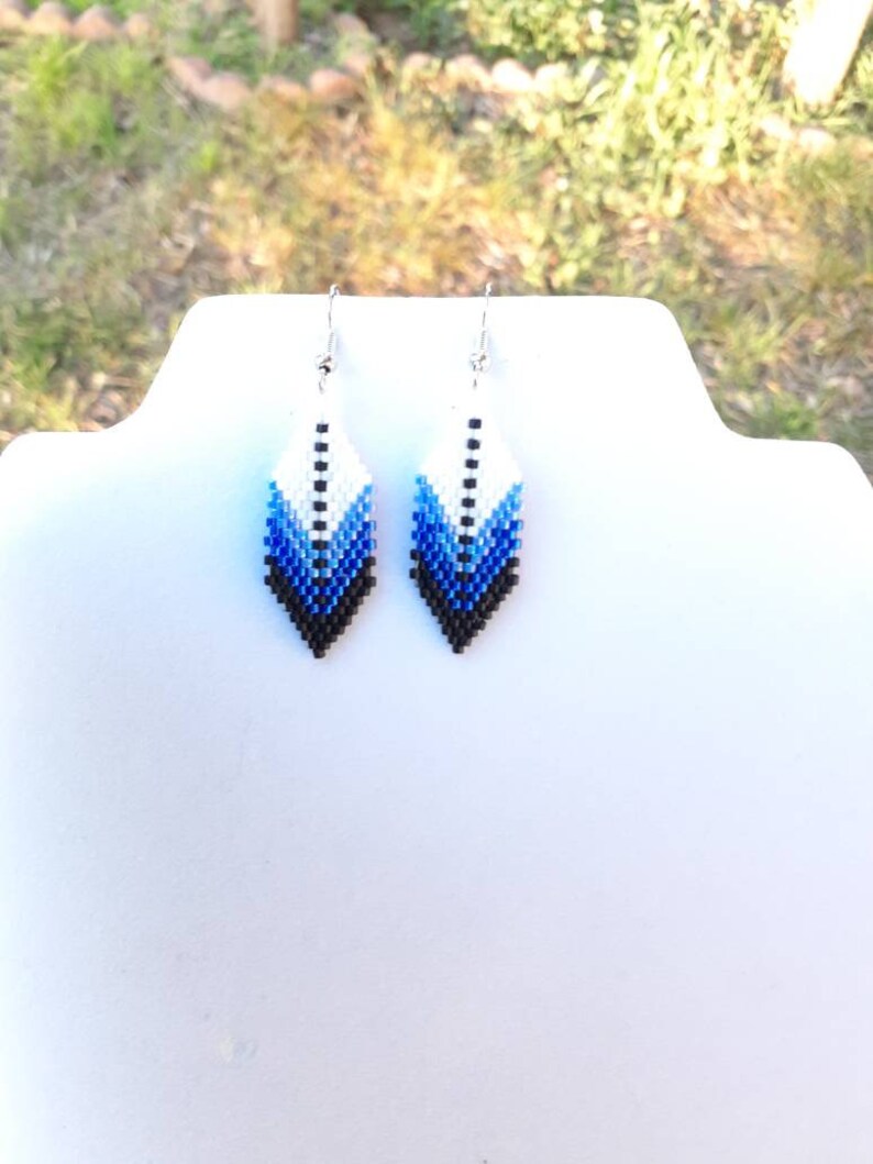 Native American Style Beaded Blue and White Small Feather Earring Southwestern, Bohemian, Hippie, Brick Gypsy, Great Gift ready to ship image 7