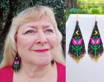 Native American Style Beaded Black & Pink Flower Earrings Brick Stitch Gypsy Bohemian Southwestern Hand Made Great Gift Ready to Ship