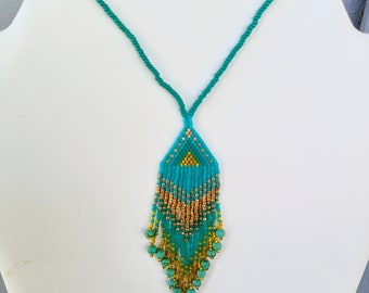 Beaded Turquoise and Gold charm for mirror delica beads Southwestern, Hippie, Bohemian, Brick Stitch, Fringe Great Gift Ready to Ship
