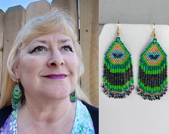 Native American Style Peacock Eye Seed Bead Earrings Brick Stitch, Gypsy, Bohemian, Peyote Southwestern Great Gift Ready to Ship