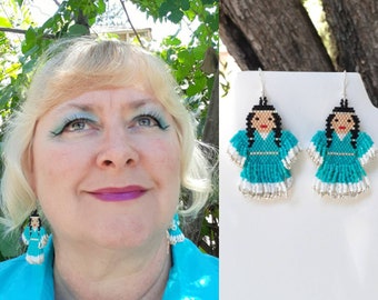 Native American Style Beaded Turquoise Indian Doll Earrings Delica Beads Southwestern, Brick Stitch, Peyote, Bohemian Made to Order