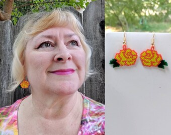 Beautiful Native American Style Beaded Yellow & Orange Rose Flower Earrings Southwestern, Boho, Peyote Brick Stitch Great Gift Ready to Ship