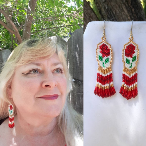 Native American Style Red Rose Beaded Earrings Southwestern, Boho, Victorian Gypsy, Peyote, Brick Stitch, Fring Great Gift