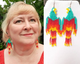 Native American Style Beaded Phoenix Earrings Turquoise Red Orange Yellow Southwestern, Hippie, Boho, Brick Stitch, Peyote, Ready to Ship