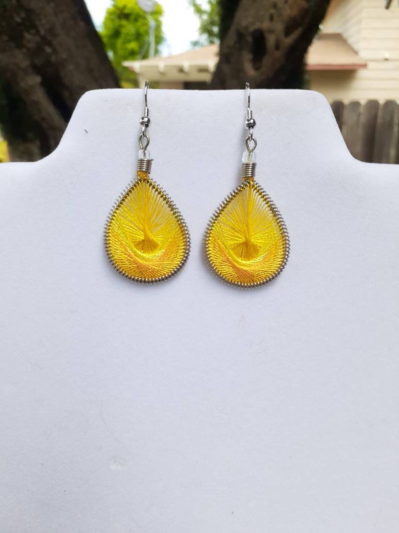 Peruvian earrings dangle Teardrop cute small Bohemian Hippy Ready to Ship Sunny Yellow Thread Earrings