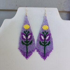 Native American Style Beaded Purple Color Flower Violet Earrings Brick Stitch Bohemian Southwestern Hippie Hand Made Great Gift Ready to Shi image 8