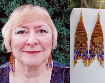 Native American Style Beaded Mermaid tail Earrings with gold wires Fringe, Boho, Brick Stitch, Tribal Great Gift Ready to Ship