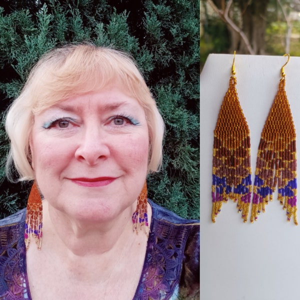 Native American Style Beaded Mermaid tail Earrings with gold wires Fringe, Boho, Brick Stitch, Tribal Great Gift Ready to Ship