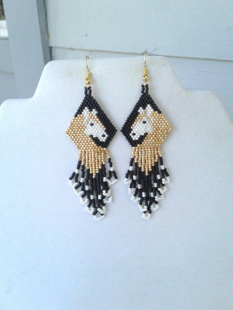 Native American Style Beaded Gold and White Horse Earrings Beautiful Southwestern, Boho, Gypsy, Brick Stitch, Peyote, Loom Great Gift image 5