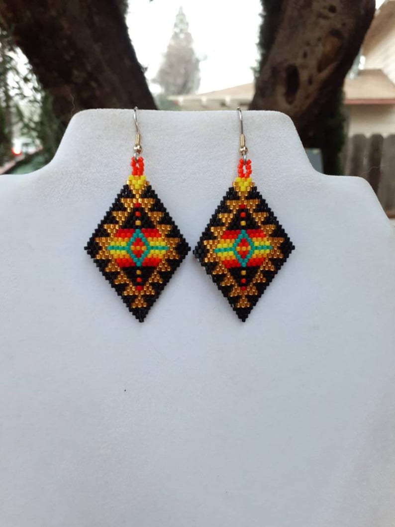 Gypsy Rug Tribal Ready to Ship Native American Style Beaded Gold /& Turquoise Blanket Earrings No Fring Southwestern Brick Stitch Peyote