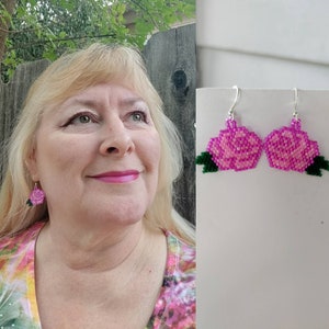 Beautiful Native American Style Beaded Pink Rose Flower Earrings Southwestern, Boho, Peyote Brick Stitch Great Gift image 1