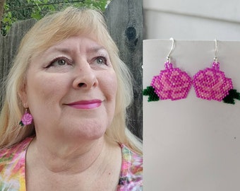 Beautiful Native American Style Beaded Pink Rose Flower Earrings Southwestern, Boho, Peyote Brick Stitch Great Gift