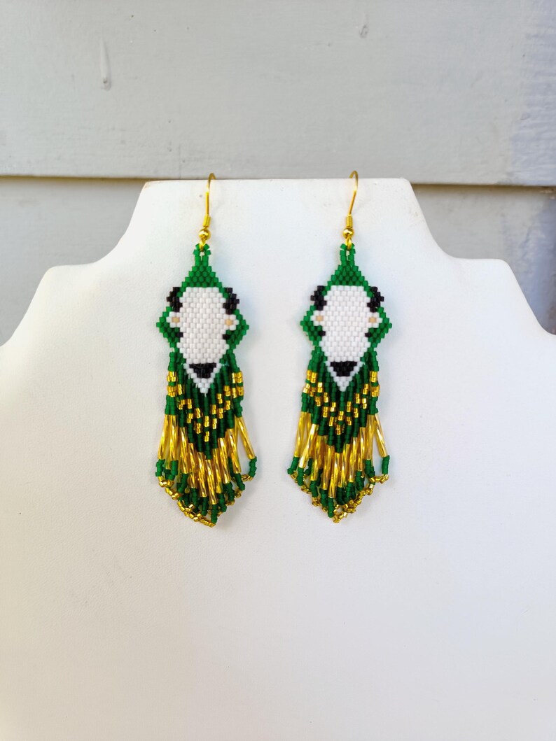 Native American Style Beaded White Buffalo Earring in Green and Gold