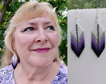 Native American Style Beaded Feather Earring Purples, Southwestern, Boho, Gypsy, Loom, Brick Stitch, Peyote,  Great Gift Very light