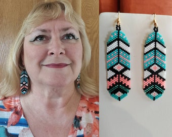 Native American Style Beaded Feather Earring turquoise Southwestern, Boho, Gypsy, Loom, Brick Stitch, Peyote,  Great Gift Ready to Ship