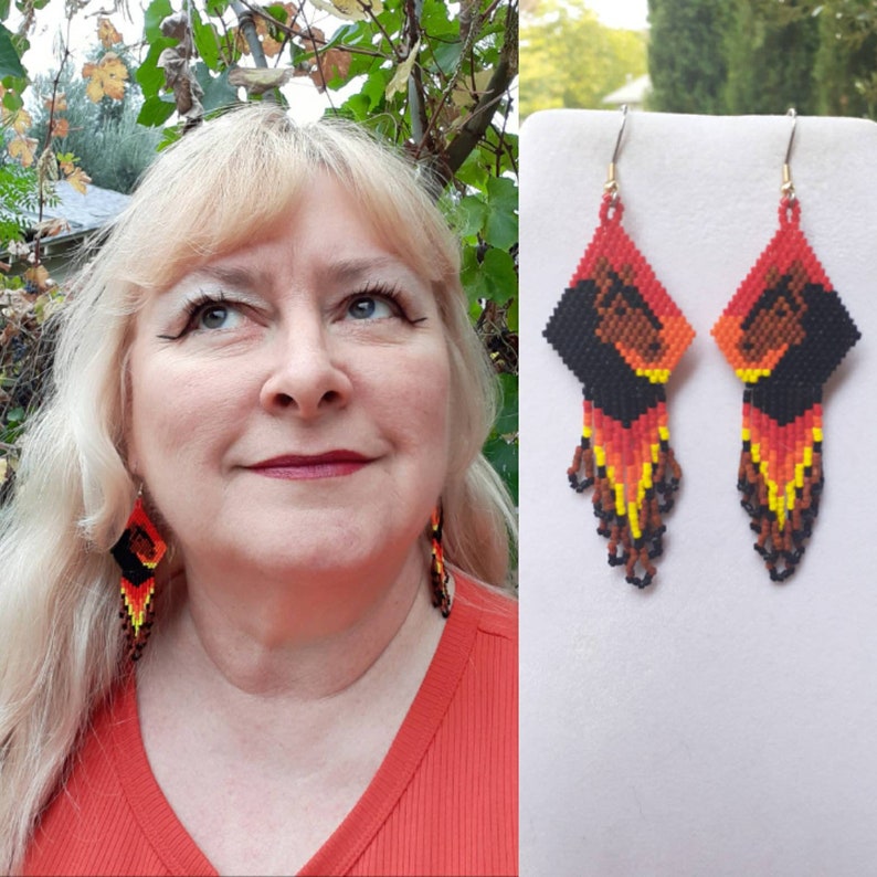 Native American Style Beaded Brown and Black Sunset Horse Earrings Beautiful Southwestern, Boho, Hippie Great Gift Very Light image 1