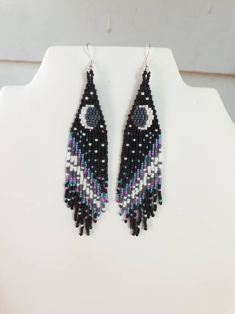 Native American Style Beaded Crescent Moon Earrings