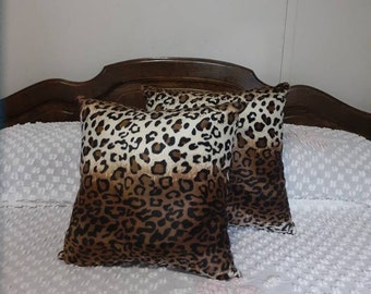 Faux Fur Handmade Dark Brown Leopard Print Complete Throw Pillows Set of TWO 16 X 16 Decorative Den, Living Room, Bed Room Ready to Ship