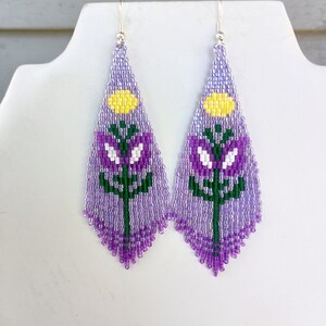 Style amérindien perles couleur pourpre fleur violet boucles d'oreilles Brick Stitch Boho hippie du sud-ouest fait main grand cadeau prêt à Shi image 5