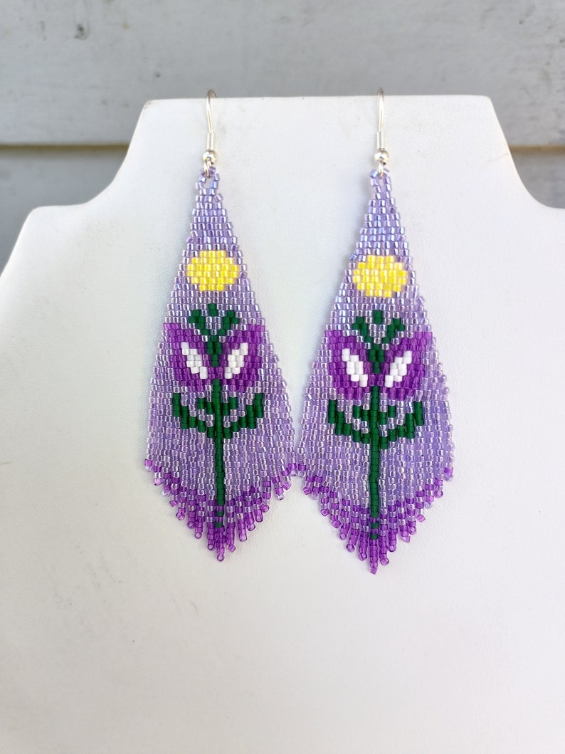 Native American Style Beaded Purple Color Flower Violet Earrings Brick Stitch Bohemian Southwestern Hippie Hand Made Great Gift Ready to Shi image 5