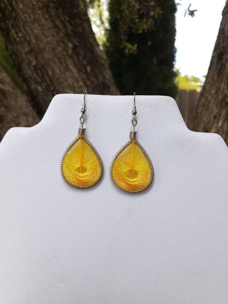Peruvian earrings dangle Teardrop cute small Bohemian Hippy Ready to Ship Sunny Yellow Thread Earrings