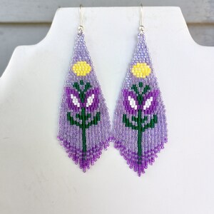 Native American Style Beaded Purple Color Flower Violet Earrings Brick Stitch Bohemian Southwestern Hippie Hand Made Great Gift Ready to Shi image 4