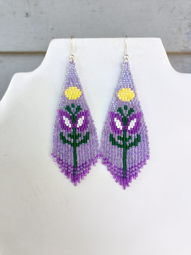 Native American Style Beaded Purple Color Flower Violet Earrings Brick Stitch Bohemian Southwestern Hippie Hand Made Great Gift Ready to Shi image 4