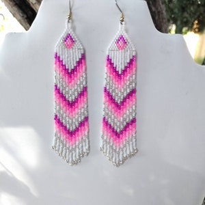 Native American Style Beaded Pink and White Earrings Shoulder Dusters Southwestern, Boho, Gypsy, Brick Stitch, Peyote, Great Gift image 10