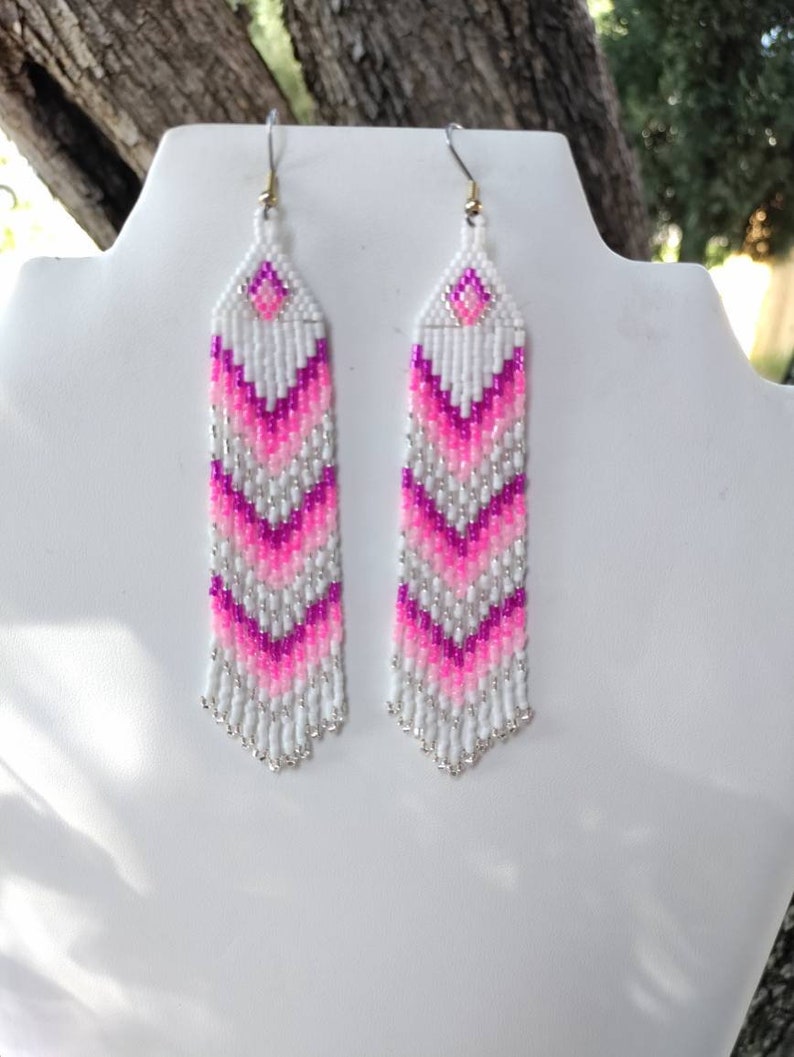 Native American Style Beaded Pink and White Earrings Shoulder Dusters Southwestern, Boho, Gypsy, Brick Stitch, Peyote, Great Gift image 10