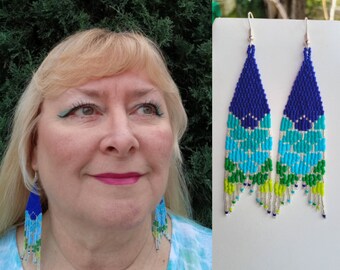 Native American Style Beaded Mermaid tail Earrings with silver wires Fringe, Boho, Brick Stitch, Tribal Great Gift Ready to Ship