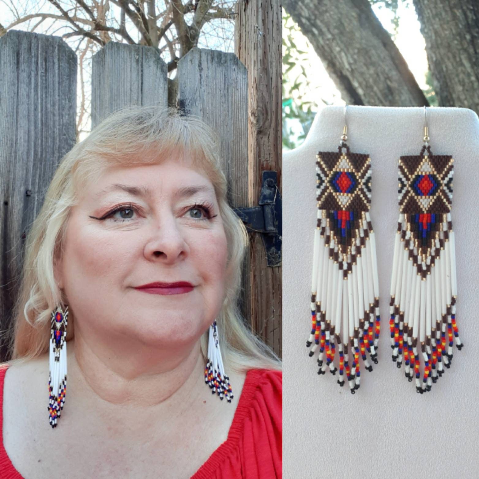Native American Style Beaded Diamond Rug Earrings Brown Brick | Etsy