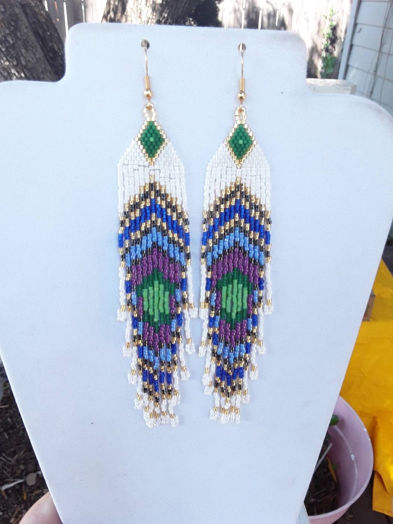 Brick Stitch Peyote Great Gift Native American Style Beaded Peacock Eye Earrings 5 12 in long Shoulder Dusters Southwestern Hippie Boho