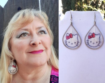 Kitty Thread Earrings Pink ,White and Southwestern, Native, Bohemian, Cartoon, Gypsy, Cute, Peruvian Style, Great Gift, Ready to Ship