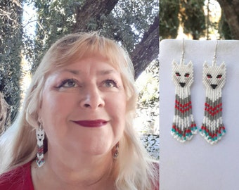 Native American Style White Red Eyed Wolf Beaded Delica Earring Boho, Southwestern, Peyote, Brick Stitch, Loom, Gypsy Dangle Sexy Great Gift