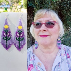 Style amérindien perles couleur pourpre fleur violet boucles d'oreilles Brick Stitch Boho hippie du sud-ouest fait main grand cadeau prêt à Shi image 1