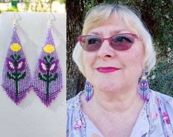 Native American Style Beaded Purple Color Flower Violet Earrings Brick Stitch Bohemian Southwestern Hippie Hand Made Great Gift Ready to Shi