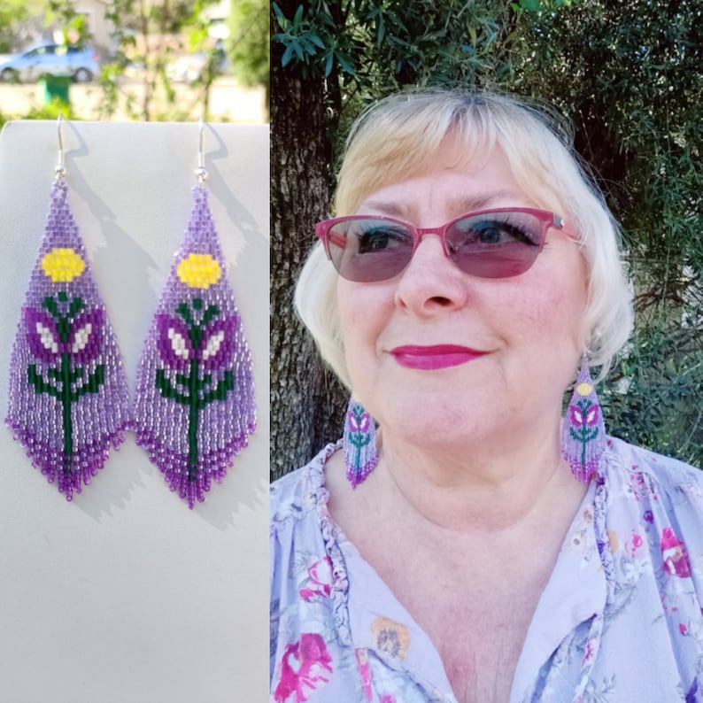 Native American Style Beaded Purple Color Flower Violet Earrings Brick Stitch Bohemian Southwestern Hippie Hand Made Great Gift Ready to Shi image 1