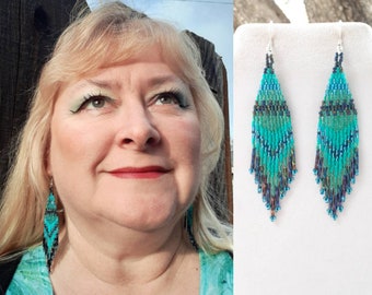 Native American Style Beaded Turquoise Earrings Boho, Southwestern, Hippie, Brick Stitch, Peyote, Loom, Gypsy, Great Gift