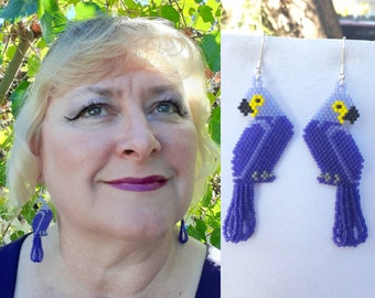 Beautifully Hand Beaded Purple Parrot Earrings Tropical Island Bird Southwestern, Boho, Brick Stitch, Peyote, Gypsy, Native, Great Gift